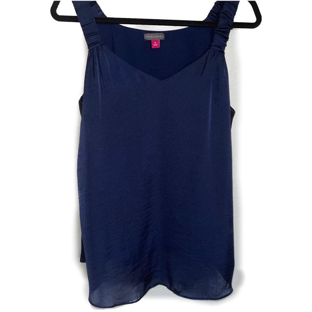 Vince Camuto Rich Navy Blue Ruffle Strap RumpleTank V-Neck Sz Medium
